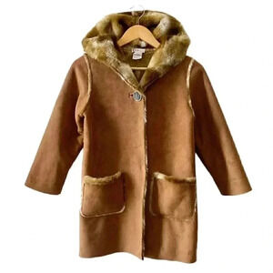 Floriane Coat Faux Suede Faux  Fur Winter Pea Coat Hood Tan Brown Girls Size 8